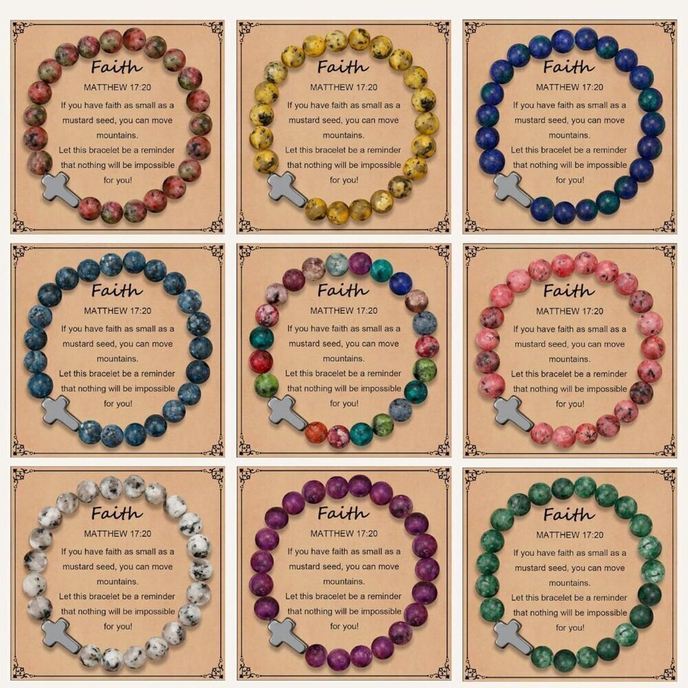 Cross Bracelets Set 9 pcs Stone Beaded Christian Faith Gifts for Women Men